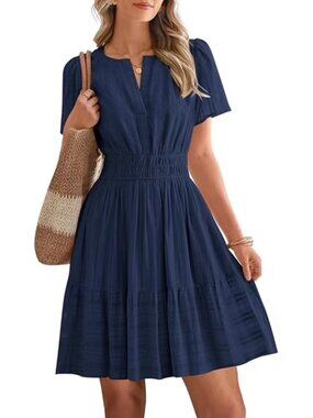 BTFBM Women's Short Sleeve Smocked Waist Tiered Mini Dress